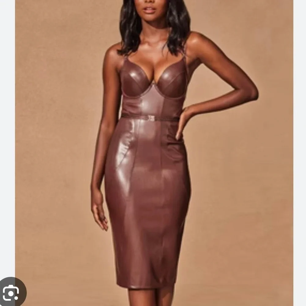 Honey Birdette Emily Deep Mahogany Faux Leather Dress NWT Size XS - Picture 1 of 16
